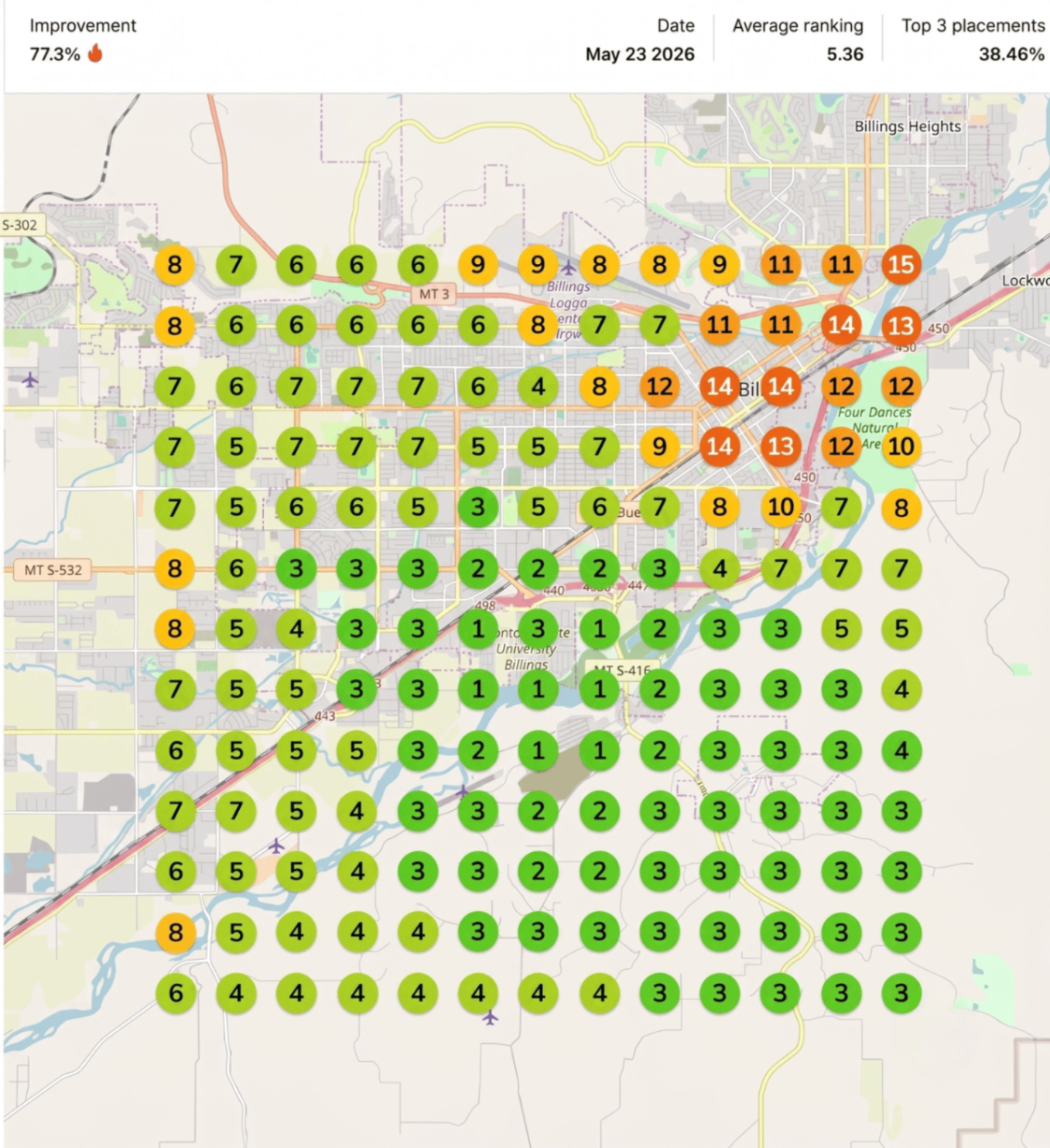 Sutton Heating & Cooling ranking heatmap showing top Google Map Pack positions across their service area